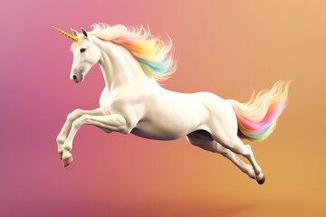 Naklejka na ściany i meble Unicorn Cartoon White Pony Horse Jumping With Colorful Hairs On Transparent Background. Generative Ai