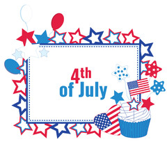 Rectangular frame with stars in the color of the US flag. Balloons, festive cupcake. America's Independence Day, Freedom. A place for design and text.