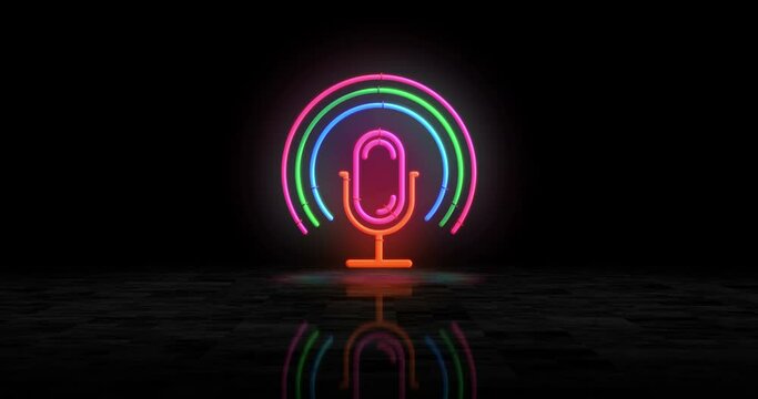 Microphone podcast neon glowing symbol. Light color bulbs. Audio music on air broadcast symbol abstract concept 3d animation.