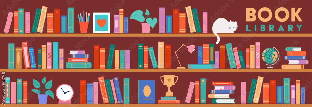 Wall mural bookshelf concept illustration. a lot of books on the shelf, clock, cat, plant and globe