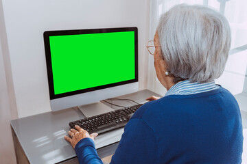 Back view of aged woman, senior old mature grandmother looking focused using pc, sitting at desk,...