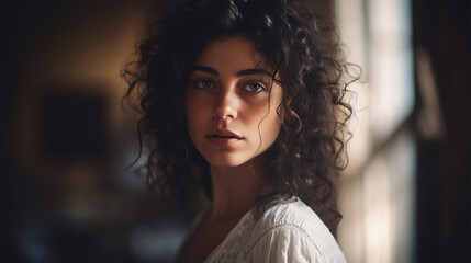 portrait of a beautiful young female Israeli model with curly hair . generative AI