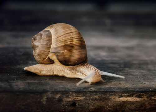 close up snail on wooden surface 