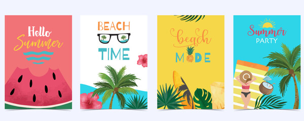 Collection of summer background set with beach,watermelon,sea.Editable vector illustration for invitation,postcard and website banner - obrazy, fototapety, plakaty