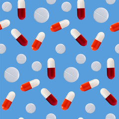 White pills and red-and-white pills on a blue background. Seamless pattern. The concept of treatment and recovery. A health design element for apps, websites and social networks. Medicinal pills.