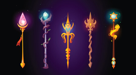 Cartoon vector magic fantasy game ui trident weapon. Wizard spear staff set for rpg gui. Wooden and gold sorcery wand isolated illustration collection. Glow magician battle witchcraft with blue gem © klyaksun