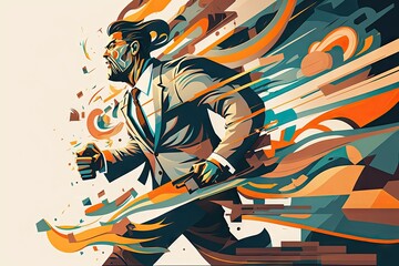 Running Businessman Drawing, Way to Success, Escaping, Busy Business Man Run, Abstract Generative AI Illustration
