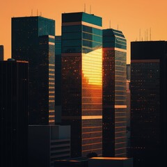 City Downtown Sunrise, Sunny Skylines in Morning, Sunset Buildings, Color Skyscrapers Generative AI Illustration