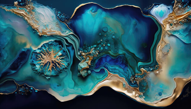Elegant Marbling Wallpaper. Liquid Swirls in Beautiful Teal and Blue colors, with Gold Powder. Generative AI.