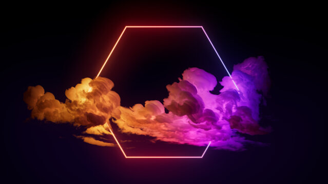Cloud Formation Illuminated with Pink and Yellow Fluorescent Light. Dark Environment with Hexagon shaped Neon Frame.