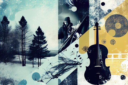 Winter Music Collage, Surreal Contemporary Poster, Drawing Imitation, Abstract Generative AI Illustration