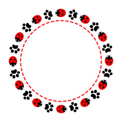 Round frame with paw prints animal and ladybugs.