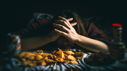  a table filled with junk food, soda, and energy drinks. a person's unhealthy diet Generative AI