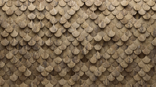Polished, Natural Stone Wall background with tiles. Fish Scale, tile Wallpaper with Semigloss, 3D blocks. 3D Render