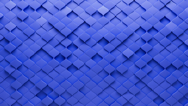 Futuristic Tiles arranged to create a Arabesque wall. 3D, Polished Background formed from Blue blocks. 3D Render