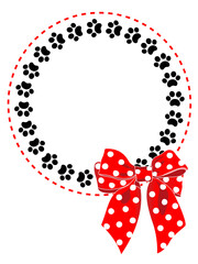 Circle decorative frame with black animal paws and a red bow polka dots letterhead blank template.