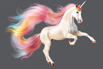 Naklejka na ściany i meble Unicorn Cartoon White Pony Horse Jumping With Colorful Hairs On Transparent Background. Generative Ai