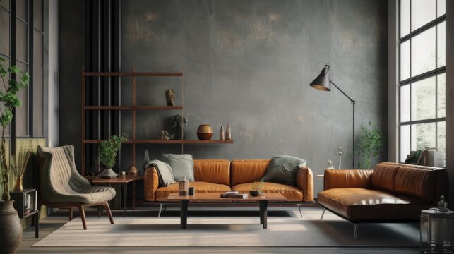 Industrial Living Room Background. Contemporary Interior Design. Generative AI.