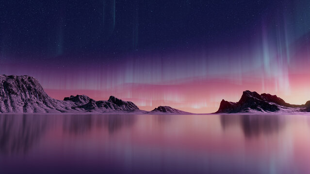 Winter Mountains with Aurora Sky. Blue Sky Banner with copy-space.
