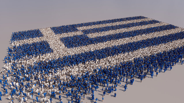 Aerial view of a Crowd of People, gathering to form the Flag of Greece. Greek Banner on White Background.
