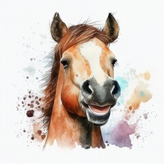 portrait horse smiling, laughing, watercolor style Generative AI
