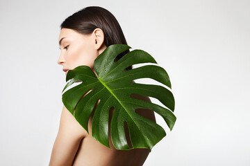 beautiful girl with palm leaves. Beautiful young naked woman