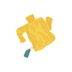 Brand new knitted sweater with price tag, flat vector illustration isolated.