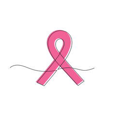 Pink ribbon drawn in one continuous line. National Breast Cancer Awareness month. One line drawing, minimalism. Vector illustration.