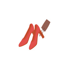 Pair of brand new fashion hill shoes with store price tag, flat vector isolated.