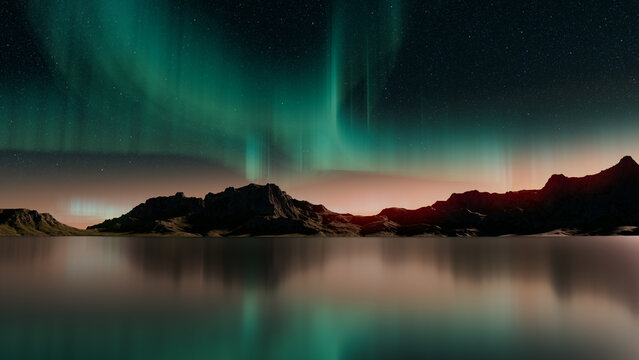 Magical Sky with Aurora and Stars. Green Northern Lights Wallpaper with copy-space.
