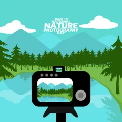 Fotobehang A digital camera taking a landscape photo of a mountain with its trees, clouds, rivers and bold text to commemorate Nature Photography Day on June 15 © Robert Yap