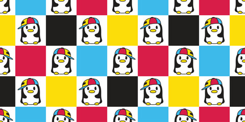 Obraz premium penguin seamless pattern cap rgb checked bird vector duck cartoon gift wrapping paper repeat wallpaper tile background illustration scarf isolated design