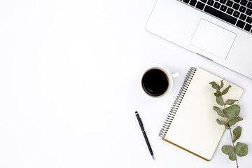 White background with laptop, notepad, eucalyptus branch and coffee, top view.