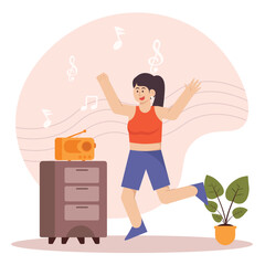 Woman Listening to Music On The Radio While Dancing Illustration