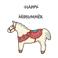 Happy Midsummer greeting poster. Cute little horse and text Happy  Midsummer. Template for Sweden longest summer day holiday banner background.Hand drawn vector illustration.