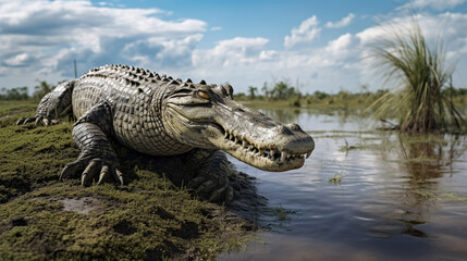 Obraz premium A crocodile sits on the ground in a muddy area