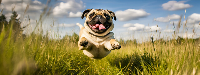 Portrait of happy fat pug dog jumping floating up in the air sunny day on field. AI gererated