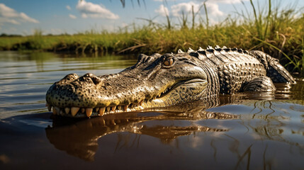 Obraz premium A crocodile sits on the ground in a muddy area