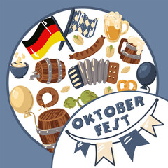 Oktoberfest is a Bovary beer festival. The name with a stretch of flags and elements of the festival decorated in a circle. Printing on textiles and paper, banner, invitations. Beer Festival invites