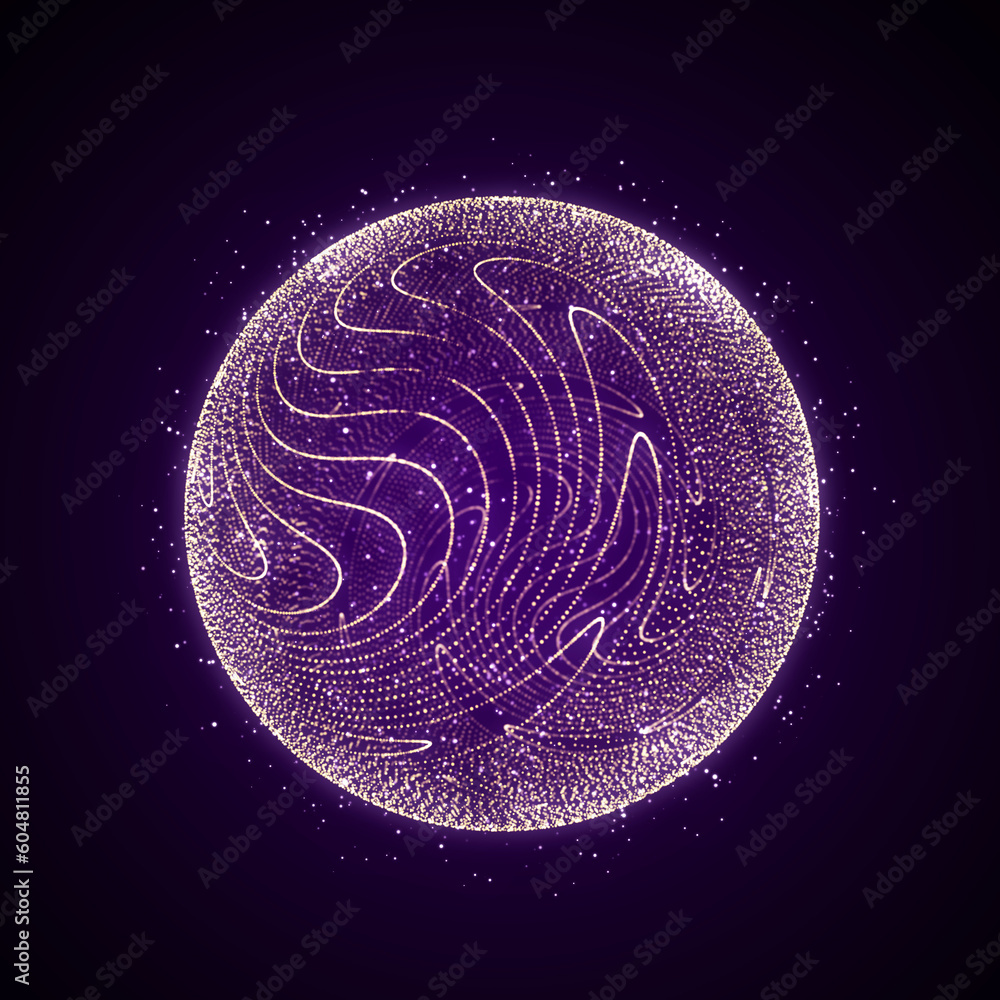 Poster sphere of gold particles in cyberspace. impulse dynamic flow of global energy energy. futuristic tec