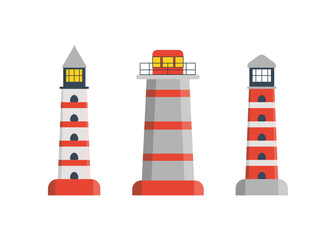 Lighthouse set, tower for signal beacon. Building on sea coast landscape. Element in simple flat style. Sign of lighthouse for safety and tourism. Vector