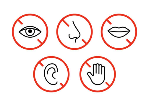 Dont speak, hear, watch, touch, smell set symbol. Eye, ear, mouth, nose, hand restriction, line icon. Limit organ sense sign. Icon in red prohibition circle. Vector