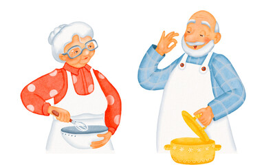 A cozy married couple of gray-haired elderly people is preparing dinner or lunch. A kind smiling grandma is stirring the dough. The mustachioed grandfather admires the smell from the yellow saucepan.