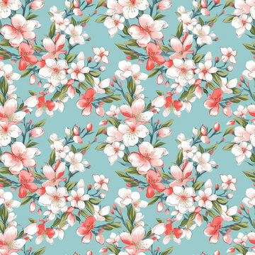 Seamless pattern: blossoming sakura branches. The Light colored flowers. Generative AI