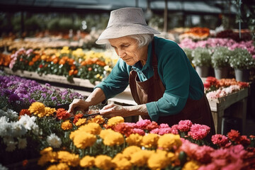 Mujer mayor en un vivero de flores seleccionando para hacer un ramo