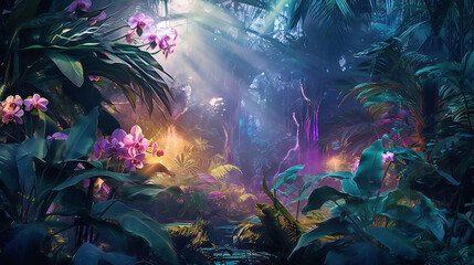 Colourful tropical jungle with fresh plants, flowers and leaves. Beautiful glowing forest, Illustration. Generative AI