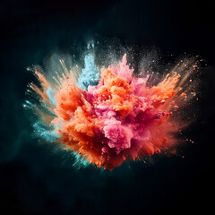 Colour powder explosion in liquid, vibrant, rainbow colours on black background. Generative AI art.