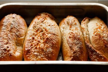 Close up shot homemade food baking concept. Fresh hot soft fluffy ginger golden brown sesame seeds buns pie bread dessert pastry in loaf pan. Bakery products, image with copy space.