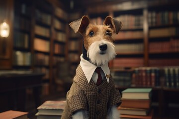 a dog of the fox terrier breed in the clothes of a librarian in the library. study concept. intelligent animals generative ai
