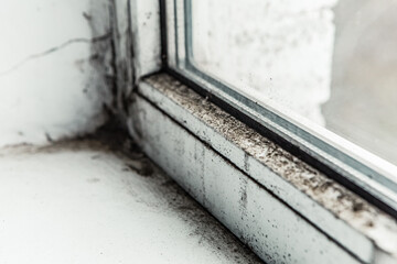 Close up white wall plastic window with black dangerous black mold in the corner of room. Harmful fungus parasite for health, strong mildew in large stains

